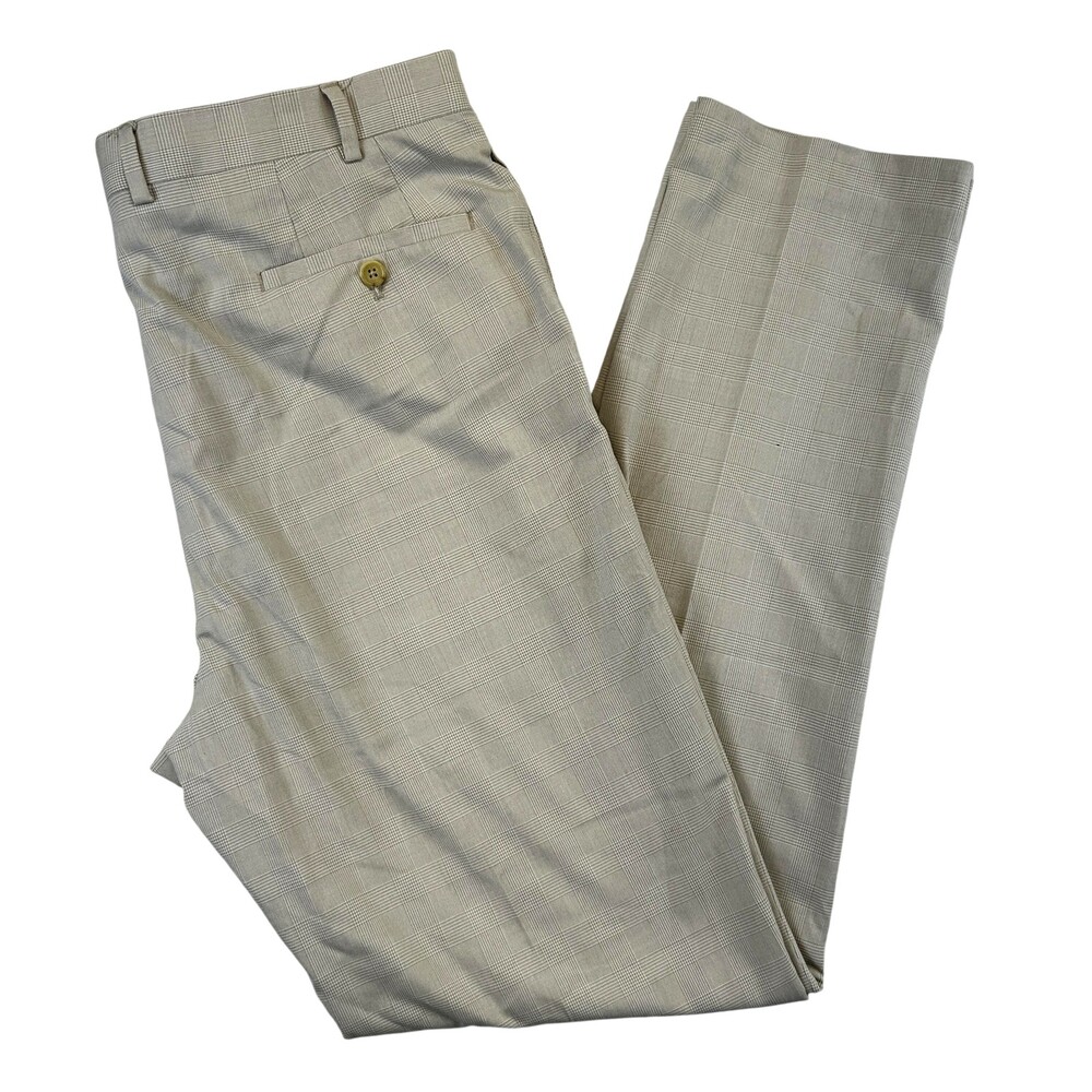 Vintage Ralph Lauren Pants Mens 38x32 Beige Check Slim Fit Stretch Dress Slacks